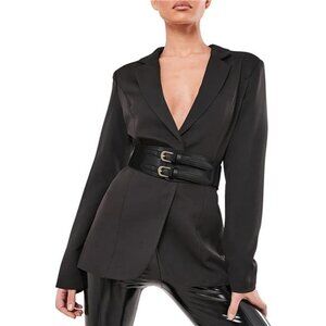 Black Metal Buckle Faux Leather‎ Corset Waistband Elastic Cincher Belt Girdle